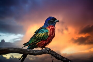 colorful bird with dramatic sky in the background, created with generative ai