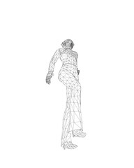 Businesswoman character wireframe. Attractive girl wearing formal suit standing. Vector illustration isolated on white background. 3D. Vector business woman black silhouette walk step forward..