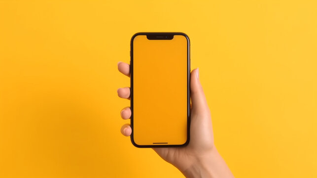 Female Hand On A Yellow Background Holding A Phone Horizontally. Banner Generative AI