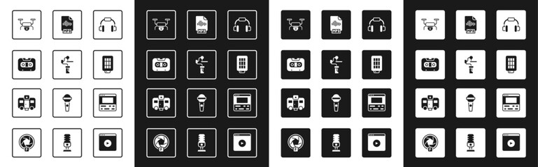 Set Headphones, Gimbal stabilizer for camera, Retro audio cassette tape, Drone flying, Softbox light, MP3 file document, Video recorder laptop and Actor trailer icon. Vector
