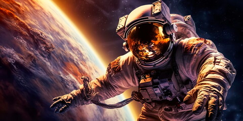 Astronaut performing a spacewalk outside the spacecraft, surrounded by the vastness of space and the brilliance of distant stars. Generative AI