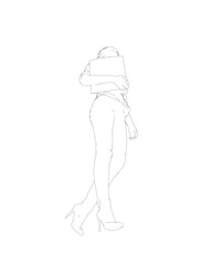 Drawing of fashionable young woman walking with folder with documents in hand. Vector of girl walk. Drawing Illustration of Young Woman. isolated, sketch, contour girl, woman walking.