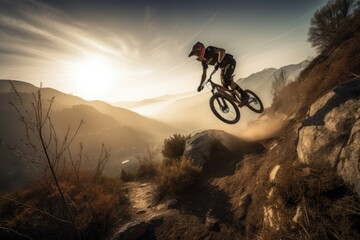 Fototapeta na wymiar mountain biker flying through the air after jumping off cliff, created with generative ai