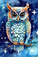 Obraz premium A watercolor painting of an owl sitting on a branch. Generative AI.