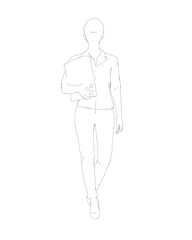 Drawing of fashionable young woman walking with folder with documents in hand. Vector of girl walk. Drawing Illustration of Young Woman. isolated, sketch, contour girl, woman walking.