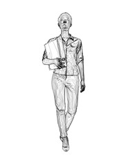 Drawing of fashionable young woman walking with folder with documents in hand. Vector of girl walk. Drawing Illustration of Young Woman. isolated, sketch, contour girl, woman walking.