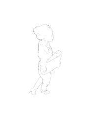 Drawing of fashionable young woman walking with folder with documents in hand. Vector of girl walk. Drawing Illustration of Young Woman. isolated, sketch, contour girl, woman walking.