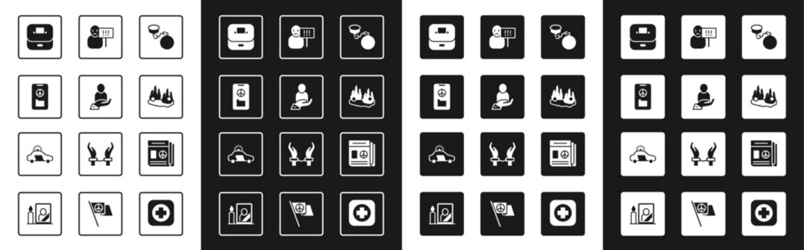 Set Ball on chain, Life insurance hand, Peace, Vote box, Burning car, Protest, News and Police flasher icon. Vector