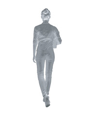 Polygonal drawing of fashionable young woman walking with folder with documents in hand. Vector of girl walk. Drawing Illustration of Young Woman. isolated, sketch, contour girl, woman walking. 3D..