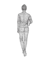 Fototapeta na wymiar Wireframe of fashionable young woman walking with folder with documents in hand. Vector of girl walk. Drawing Illustration of Young Woman. isolated, sketch, contour girl, woman walking. 3D..