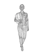 Wireframe of fashionable young woman walking with folder with documents in hand. Vector of girl walk. Drawing Illustration of Young Woman. isolated, sketch, contour girl, woman walking. 3D..