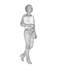Fototapeta na wymiar Wireframe of fashionable young woman walking with folder with documents in hand. Vector of girl walk. Drawing Illustration of Young Woman. isolated, sketch, contour girl, woman walking. 3D..