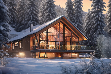 Modern and Bright Chalet Under the Snow - IA générative