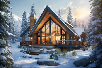 Modern and Bright Chalet Under the Snow - IA générative