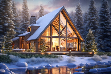 Modern and Bright Chalet Under the Snow - IA générative
