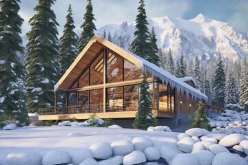 Modern and Bright Chalet Under the Snow - IA générative