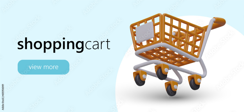 Aufkleber cartoon shopping cart in realistic 3d design. buying products in online store concept. web page with