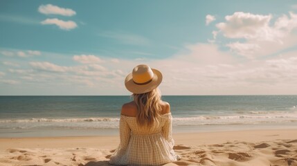 Fototapeta na wymiar young woman admiring the view while sitting on the beach