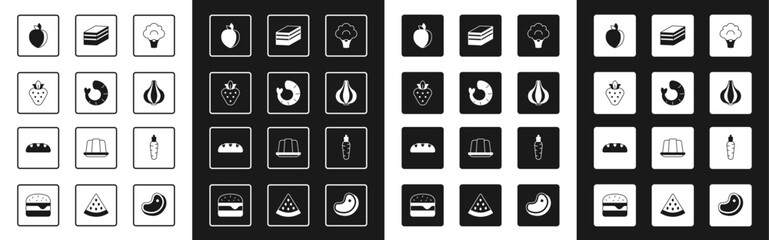 Set Broccoli, Shrimp, Strawberry, Plum fruit, Garlic, Piece of cake, Carrot and Bread loaf icon. Vector