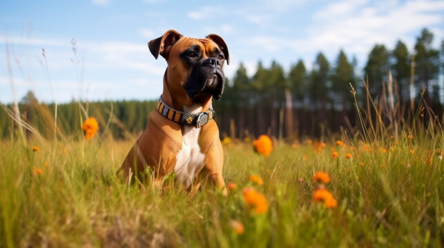Cute boxer dog standing in a park