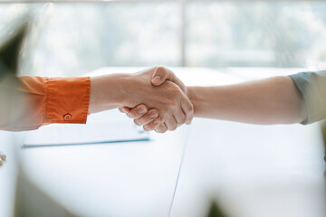 Closeup hands of successful business people handshake on meeting, successful deal. Trust,...