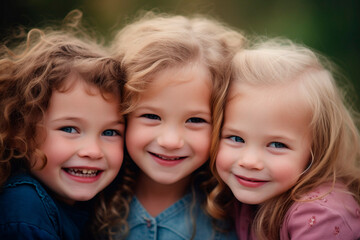 Fototapeta premium Three little girls smiling and looking at the camera created with Generative AI technology