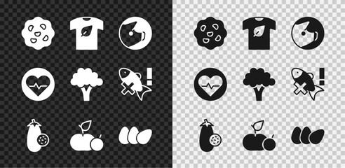 Set Cookie or biscuit, Vegan shirt, Pig, Eggplant, Apple, Chicken egg, Heart rate and Broccoli icon. Vector