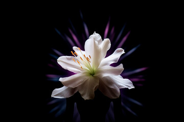 White flower with woman silhouette and purple rays on black created with Generative AI technology