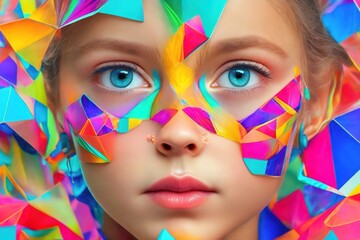 Fototapeta na wymiar Gorgeous beauty little girl close up portrait on Abstract trianglify colorful background.