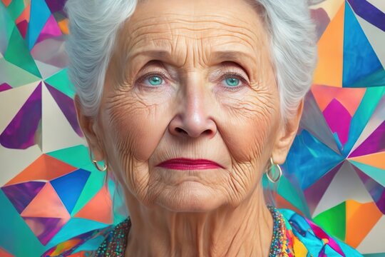 Gorgeous beauty old woman close up portrait on Abstract  trianglify colorful background. Granma, grandmother, granny