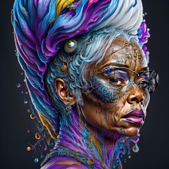 Artistic portrait of a beautiful and colorful African American woman. Detailed fluid gouache painting. watercolor art.