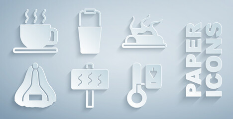 Set Sauna, Campfire, hat, thermometer, bucket and Cup of tea icon. Vector