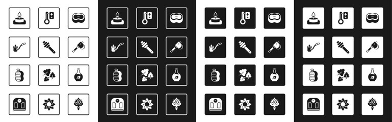 Set Bar of soap, Honey dipper stick, Sauna ladle, Aroma candle, Wooden axe, thermometer, Essential oil bottle and Washcloth icon. Vector