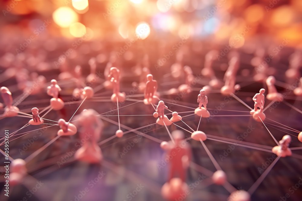 Poster a group of people standing around a network. generative ai. social networks, horizontal networking, 