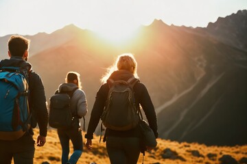 Group tourists of hiker sporty people walks in mountains at sunset with backpacks. Concept adventure with copy space. Ai generative