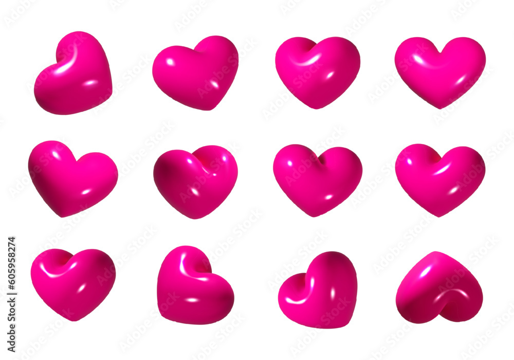 Aufkleber 3d hearts set in various rotation positions, glossy shiny red or pink vector objects in heart shape,