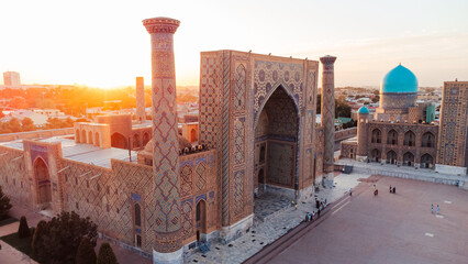 Registan Square in Samarkand Uzbekistan during sunset
