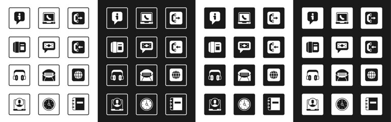 Set Outgoing call phone, Stacks paper money cash, Telephone handset, Information, Incoming, 24 hours support, Worldwide and Headphones icon. Vector