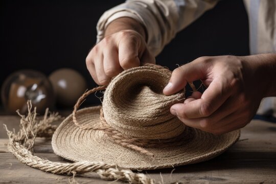 person, wrapping rope around their hand and making a secure cowbow hat from it, created with generative ai