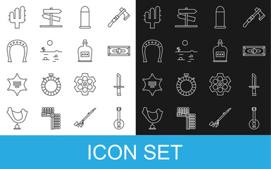 Set line Banjo, Military knife, Stacks paper money cash, Bullet, Desert landscape with cactus, Horseshoe, Cactus and Alcohol drink Rum bottle icon. Vector