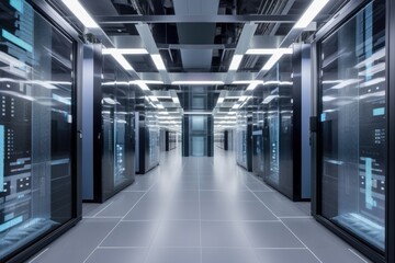 data center in futuristic, high-tech setting with glass walls and sleek metal accents, created with generative ai