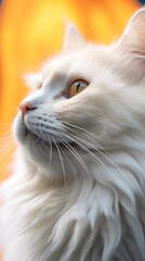 A close up of a white cat looking up. Generative AI.