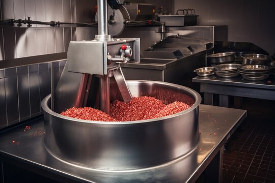 commercial mixer, processing meat and vegetables for hearty stew, created with generative ai