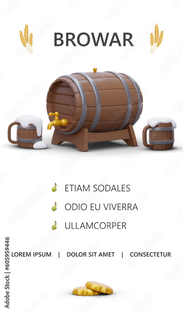 Aufkleber brewery home page template. site header, menu and bottom. list with edited text. design with 3d elem