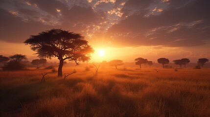 Fototapeta na wymiar Start your day in awe as the sun peeks above the horizon, casting a warm glow over the African savanna. Generated by AI.