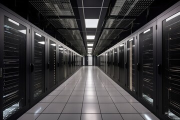 data center with floor-to-ceiling servers, humming quietly, created with generative ai