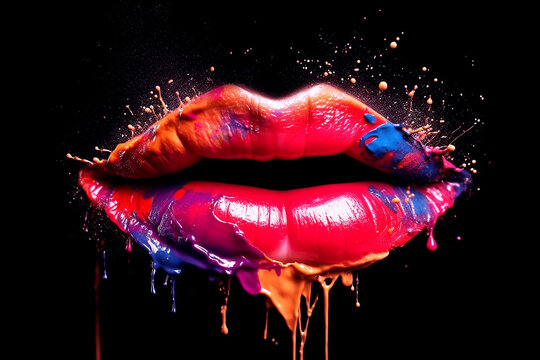 Woman's Mouth With Open Lips Painted With Multicolored Paint With Splashes. Artistic Makeup Poster. Generative AI