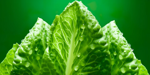 Closeup beautiful texture of fresh juicy romaine lettuce,green romaine with water drops.vegetable background.healthy eating with organic food ingredient.generative ai technology