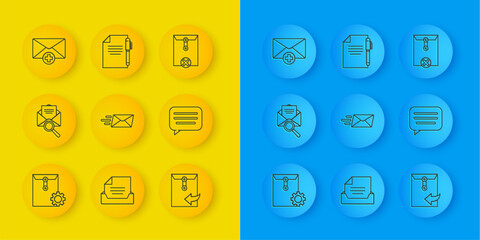 Set line Envelope setting, with magnifying glass, Express envelope, Speech bubble chat, Received message concept, Delete and Document and pen icon. Vector