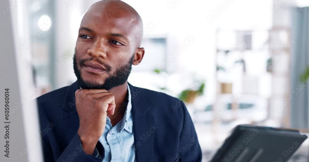 Leinwandbilder thinking, tablet and computer of black man with online check, review and satisfied with results for 